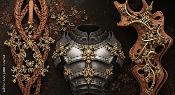 Obraz Elaborate fantasy concept art showcasing armor, wood carvings, and intricate gold filigree details