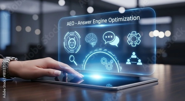 Obraz AEO Answer Engine Optimization Hologram Interface With AI Icons on Digital Tablet