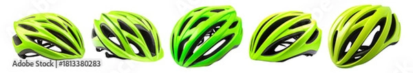 Fototapeta Bright Green Cycling Helmets in Various Angles and Positions, Isolated on Transparent, white background