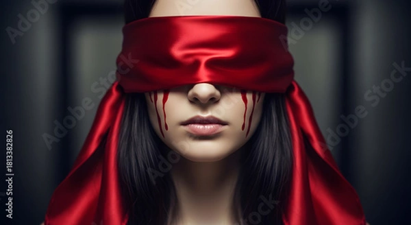 Fototapeta Crimson Blindfold: A Surreal Portrait of Vulnerability