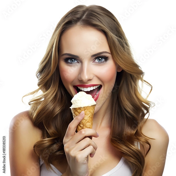 Fototapeta Young woman enjoying delicious cone ice cream with joyful expression Image
