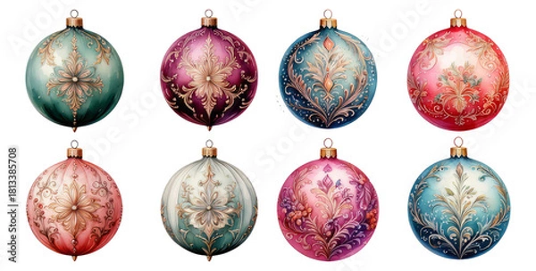 Fototapeta Elegant Vintage Christmas Ornaments in Soft Pastel Colors and Designs, Isolated on Transparent, white background