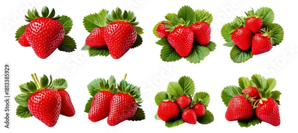 Fototapeta Fresh Red Strawberries on Green Leaves Isolated on White Background, Isolated on Transparent, white background