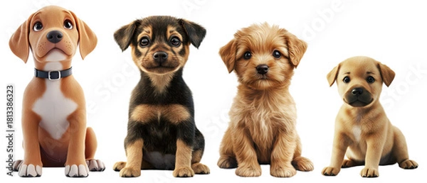 Fototapeta Adorable Collection of Cute Cartoon Puppies Sitting Together, Isolated on Transparent Background