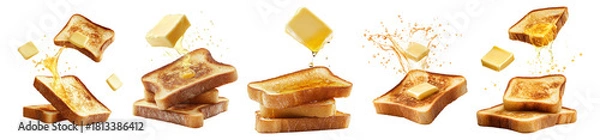 Fototapeta Deliciously Toasted Bread with Butter Melting on Top in Sequence, Isolated on Transparent, white background