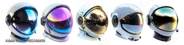 Fototapeta Stylish Astronaut Helmets Displayed in Modern Design Showcase, Isolated on Transparent, white background