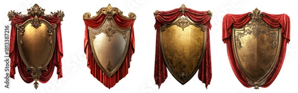 Fototapeta Ornate Golden Shields with Red Drapes for Elegant Decor Themes, Isolated on Transparent Background
