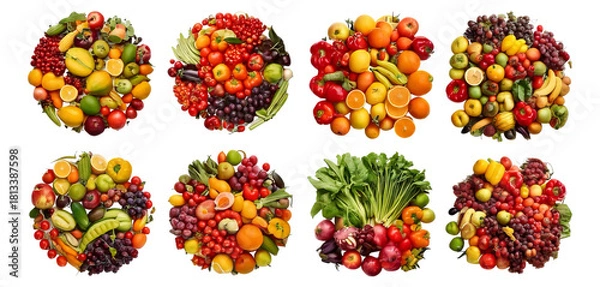 Fototapeta Colorful Assortment of Fresh Fruits and Vegetables on White Background, Isolated on Transparent, white background