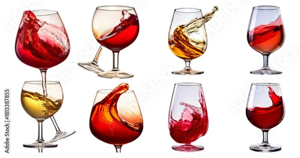 Fototapeta Assorted Glasses with Colorful Liquid and Splashing Effects, Isolated on Transparent, white background