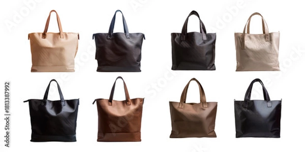 Fototapeta Variety of Stylish Leather Tote Bags, set collection, mega bundle, isolated on transparent background