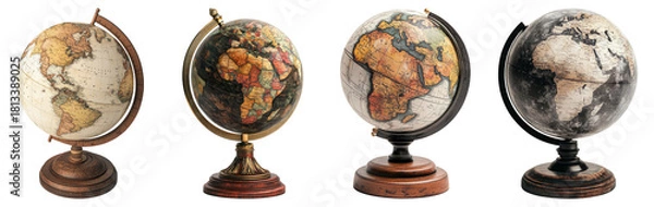 Fototapeta Vintage Globes Displayed on Stands Against a White Background, Isolated on Transparent Background