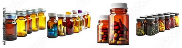 Fototapeta Assorted Bottles of Colorful Capsules and Pills on a White Background, Isolated on Transparent Background