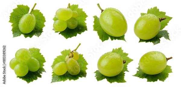 Fototapeta Fresh Green Grapes and Leaves Arrangement on White Background, Isolated on Transparent, white background