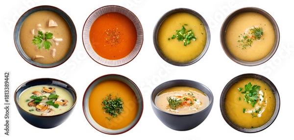 Fototapeta Variety of Delicious Soups in Bowls on White Background Display, Isolated on Transparent, white background