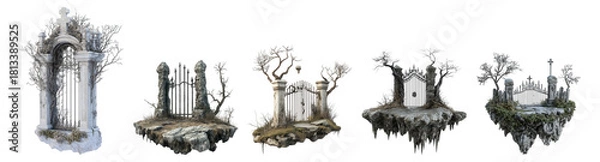 Fototapeta Fantastical Garden Ruins with Ethereal Structures and Flora Elements, Isolated on Transparent, white background