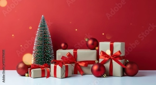 Fototapeta Christmas gifts wrapped in craft paper with red ribbons, baubles, and mini tree on red background