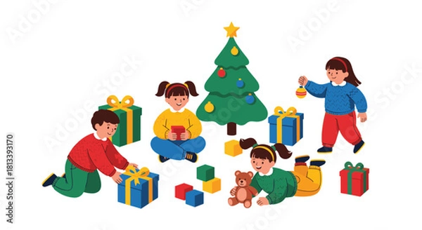 Fototapeta 2D vector illustration on pure white children playing with new toys under a small Christmas tree. Stylized joyful poses, gift boxes scattered, simple toys (blocks, teddy bear), no facial details,  