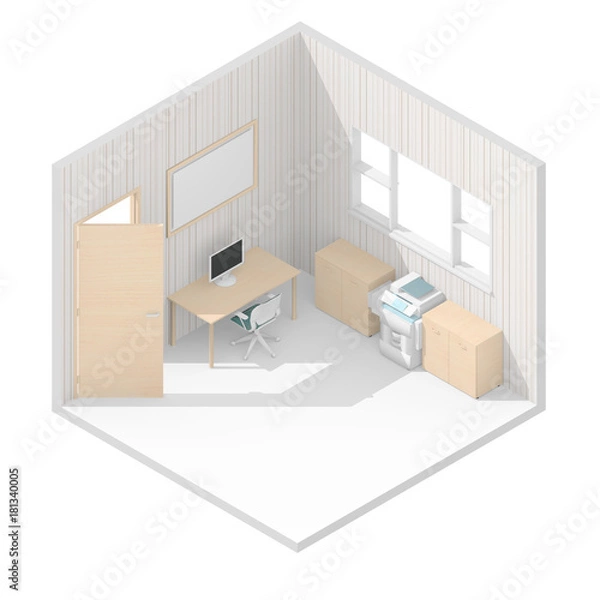 Obraz 3d renderowania izometrycznego ilustracja brązowego umeblowanego biura
