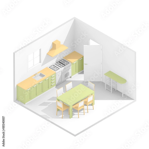 Fototapeta 3d isometric rendering illustration of green and orange domestic kitchen