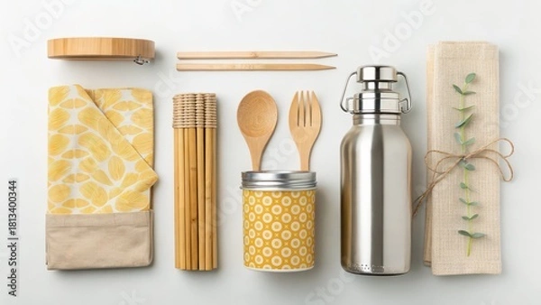 Fototapeta Stylish sustainable living with reusable containers, utensils, and wraps for eco-friendly lifestyle choices and reducing waste in chic, modern homes
