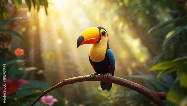 Fototapeta Colorful Cartoon Toucan Perched on Branch in Lush Jungle Setting