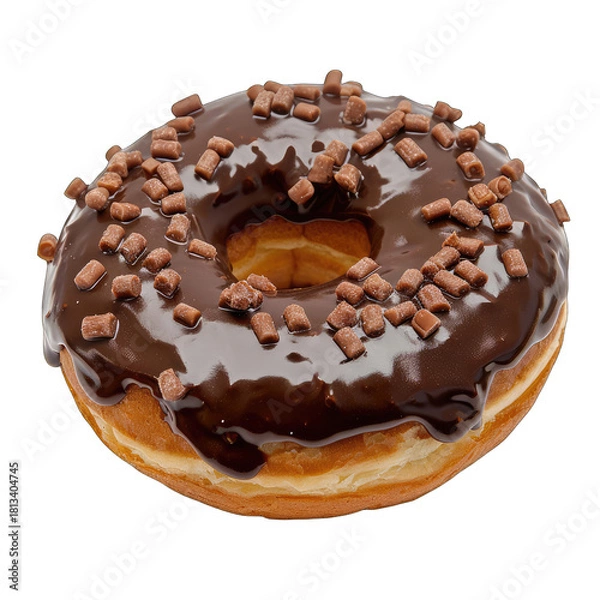 Obraz Chocolate-glazed donut adorned with small, crunchy chocolate pieces, showcasing a rich, glossy glaze and a light-colored, fluffy interior