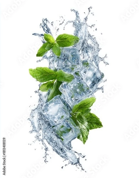 Obraz Refreshing image of ice cubes and vibrant mint leaves, dynamically splashed with water against a clean white background