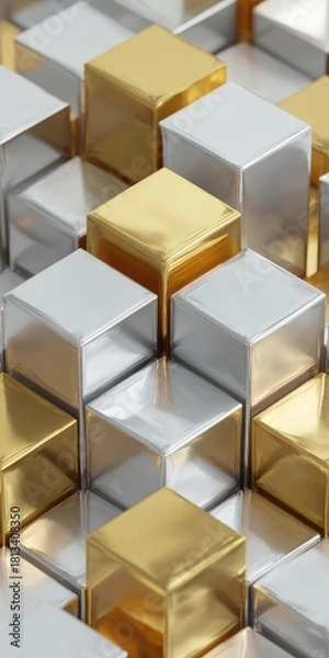 Fototapeta Shimmering metallic cubes, gold and silver, arranged in a complex, offset pattern, creating a three-dimensional, abstract texture