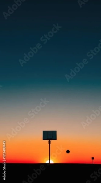 Obraz Silhouette of a basketball hoop at sunset, with a basketball in mid-air, minimalist aesthetic