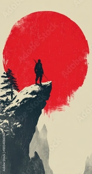 Fototapeta Silhouetted warrior stands on snow-capped cliff overlooking a large, crimson sun, minimalist style, Japanese aesthetic