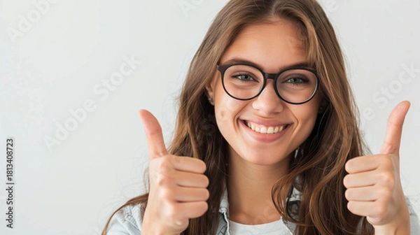 Obraz A confident person with glasses gives a double thumbs-up, radiating positivity and approval with a beaming smile. 