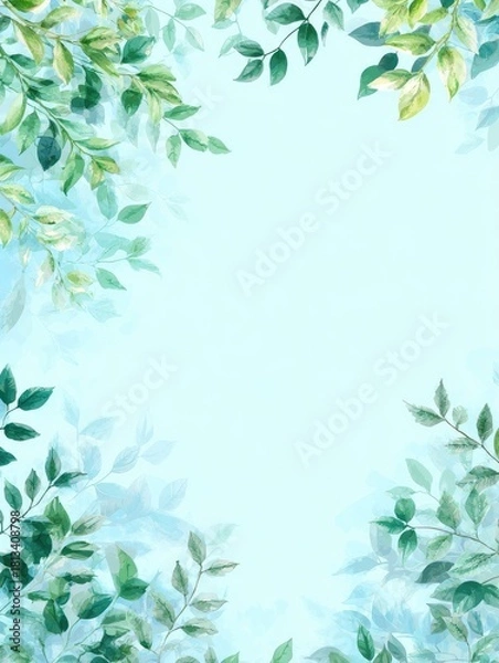 Obraz Soft light blue background framed by watercolor-style green leaves, creating a serene, nature-inspired border