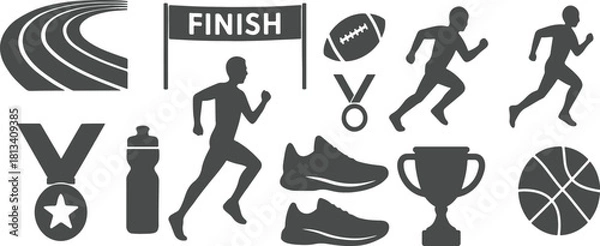 Fototapeta Collection of running and sports icons with finish line and trophies