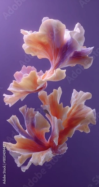 Fototapeta Three abstract, biomorphic forms, reminiscent of stylized coral or flowers, float against a deep purple backdrop.  Soft, pastel peach and lavender hues create a dreamlike, ethereal quality