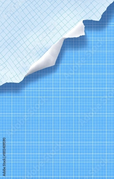 Fototapeta Torn light blue graph paper reveals a similar sheet underneath, creating a textured, layered effect with a subtle curve and uneven tear