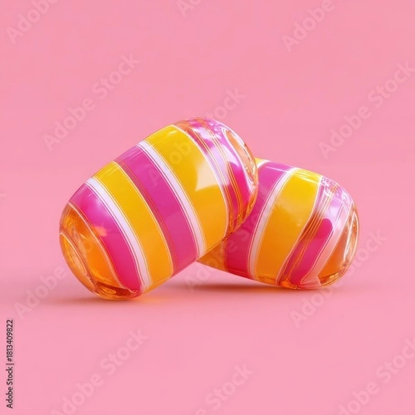 Fototapeta Two glossy, oval candies with pink and yellow stripes rest on a pink background;  a vibrant, sweet digital rendering