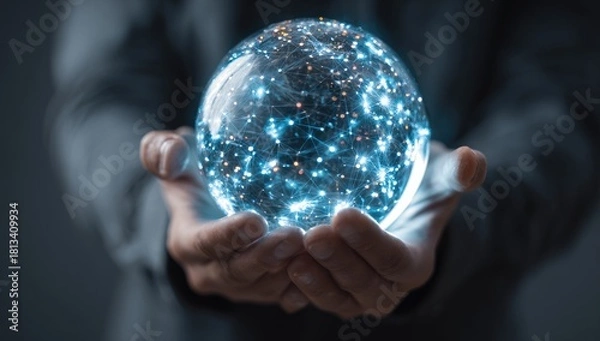 Fototapeta Two hands gently cradle a luminous glass sphere filled with a complex network of glowing nodes and connections, suggesting interconnectedness and technological advancement