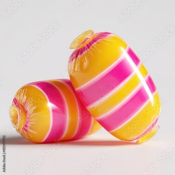 Obraz Two individually wrapped, oblong hard candies with pink and yellow stripes rest on a light gray background