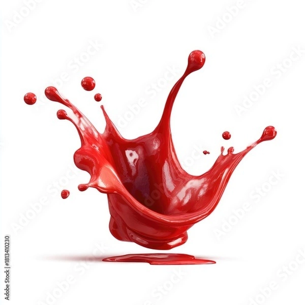 Fototapeta Vibrant red liquid explodes in a dynamic splash against a stark white background, showcasing its glossy texture and energetic motion with tiny droplets scattering outwards