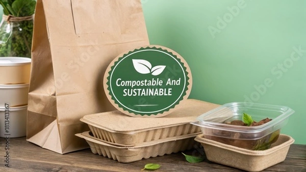 Fototapeta Go Green with Eco-Friendly Food Packaging for Delivery or Takeout, Supporting a Sustainable Lifestyle and Reducing Environmental Impact with Compostable Materials