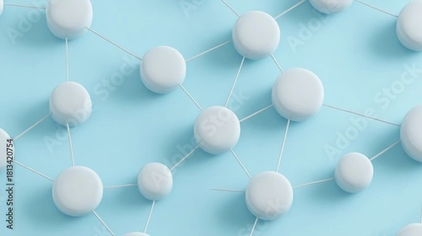 Fototapeta White circular nodes, connected by lines, on a light blue background, close - up, copy space.