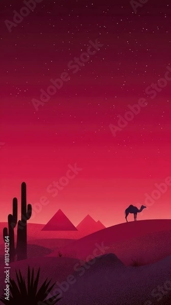 Obraz Stylized desert landscape at dusk, featuring a camel, pyramids, cacti, and a crimson sky speckled with stars. Minimalist, geometric design