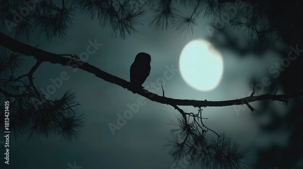 Fototapeta Owl silhouette perched on a pine tree branch, with full moon in dark teal night sky, mysterious nature scene, copy space