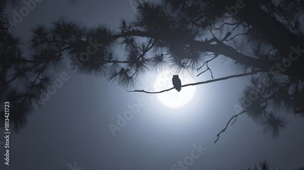 Fototapeta Owl silhouette on a pine tree branch, with full moon in misty blue night sky, mysterious nature scene, copy space