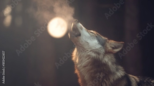 Fototapeta Wolf howling with breath visible, against a glowing moon in a forest, close-up wildlife scene, copy space