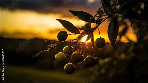 Fototapeta Fruits hanging on a tree branch, with sun setting in golden sky, fresh nature scene, copy space