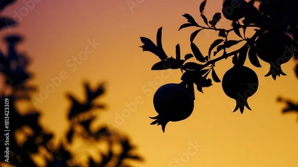Fototapeta Pomegranates silhouetted on a tree branch, against a vibrant orange and pink sunset sky, fresh fruit scene, copy space