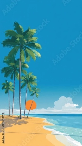Fototapeta Vibrant illustration of a tropical beach scene featuring several palm trees on a sandy shore, a calm ocean, and a large orange sun setting or rising in a clear blue sky with a few fluffy clouds