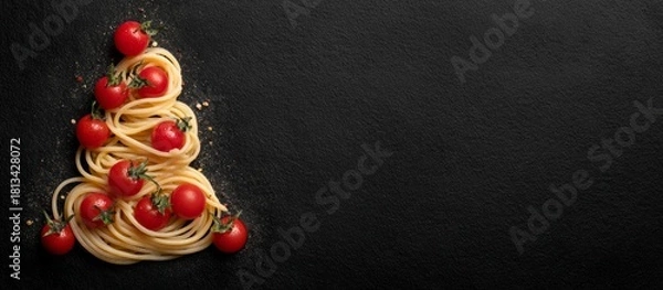 Obraz Spaghetti and cherry tomatoes forming christmas tree shape