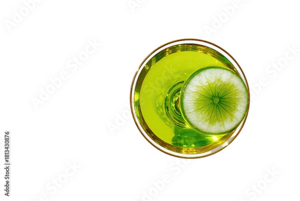 Obraz Lime-garnish drink. Black backdrop, top view